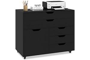 COSTWAY Mobile File Cabinet, 4/5 Drawers Lateral Stationery Storage Organiser Chest with Wheels and 1/2 Doors, Home Office Printer Stand Side Filing Cupboard (Black, 77 x 40 x 64cm)