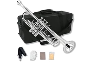 WUQIMUSC Juego de trompeta estándar para principiantes, trompeta de estudiantes, instrumento de trompeta de latón, bemol, con boquilla 7C, paño de limpieza, guantes y funda de transporte rígida