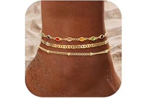 Milacolato Bracelet Cheville Or Femme Acier Inoxydable Chaine De Cheville Plaqué Or 14k Perles Tennis Dainty Chevrons Cubain Trombone Lien Chaîne Pied Réglable Empilable Boho Plage Pied Bijoux