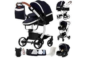 DZIRANAM Cochecito 3 en 1, de 0 a 4 años, plegable, compacto y reclinable, con asiento de coche convertible, accesorios: incluye bolso de mamá y portabebés (YG-Azul)