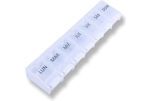 MEDIPILL - Pastillero semanal español | Una pieza - 7 días/7 compartimentos | Pastillero semanal | Caja de medicamentos con botones | Blanco | MED-S7B-TT-E