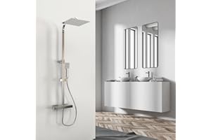 OCEAN ITALY S.R.L. OCEAN ITALY Doccia Termostalica con Soffione, Doccino e Pilastro Quadrati, Saliscendi Doccia Moderna con Miscelatore Termostatico, Soffione Doccia Anticalcare con Fintura Cromata
