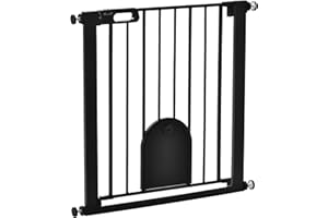PawHut Dog Gate with Cat Flap Pet Safety Gate Barrier, Stair Pressure Fit, Auto Close, Double Locking, for Doorways, Hallways, 75-82 cm Black