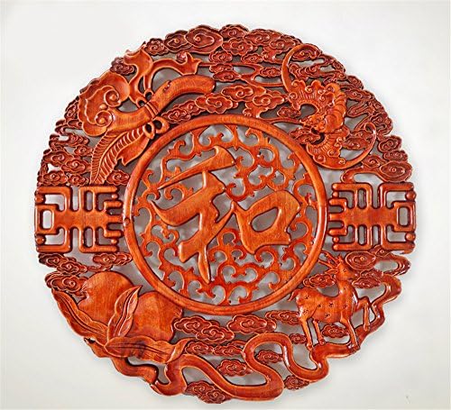 FUXINGXING Wooden Carvings Carved Camphor Wood Engraving Chinese Antique Craft Entrance Background Wall Round Solid Wood Wall Hanging, 58cm