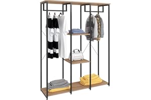 eSituro Perchero de Pie Perchero con Banqueta Almacenaje Multiusos de Entrada con 3 Estantes para Ropa Zapatos, Bolsos, Madera+Metal Negro