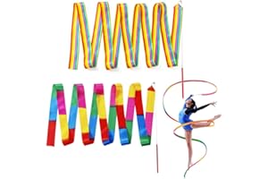 Aieino 2pcs Dance Ribbons for Children 2 m / 78.7 inch, Dancing Ribbon Rainbow Rhythmic Gymnastics Wand Streamers with Baton Twirling for Kids Artistic Dancing Gym Training