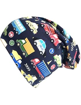 WOLLHUHN ÖKO Long-Beanie, Wende-Mütze, ganzjährig, dunkelblau mit bunten Autos, Innenseite uni grau, fürJungen...