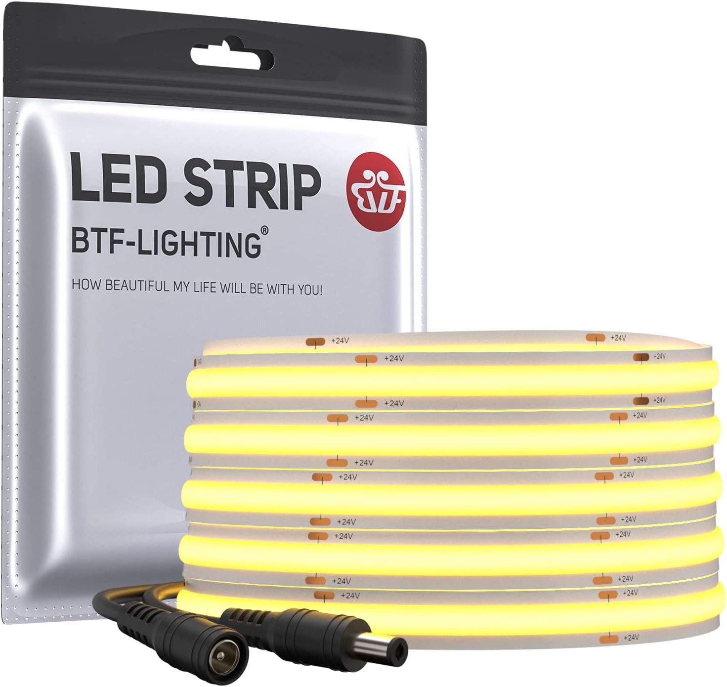BTF-LIGHTING COB LED Strip Light 5M 528LEDs/m FCOB Dimmable Light Uniformity Flexible High Density Warm White 24V 10mm Width LED Tape for Bedroom Kitchen Home Interior Decoration(Only LED Strip)