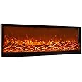 GRFIT Decorative Fireplace Recessed Wall Mounted Electric Fireplace with Charcoal Resin Simulation and 3D Dynamic Flame Effect Indoor Heater with Tempered Glass Panel, 750W/1500W Ch