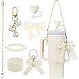 Decorative Accessories for Stanley Cup 7Pcs Include Bow Series Dustproof Straw Cover Charms and Same Color Silicone Base Handle Strap Apply to Stanley Cup 30/40oz (White)