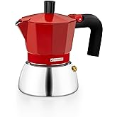 Monix Induction Inox | Italian Coffee Maker, 3 Cup, Red | Aluminium and Stainless Steel, Heat Resistant Handle, Suitable for