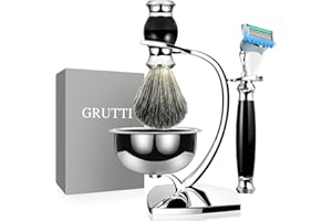 GRUTTI Set da Rasatura UmidA Premium 4-in-1 per Uomini – ciotola in Acciaio Inoxydabile Magnetica + Supporto in Alliaggio di Zinco + Spazzola da Rasatura + Lama Compatibile Fusion 5