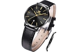 OLEVS Ladies Quartz Watch Minimalist Casual Ultra-Thin Design & Leather Strap & Waterproof & Date Elegant Watch
