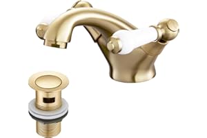 HEXMIXER Brushed Gold Victorian Bathroom Sink Tap with Drain Dual Ceramic Lever Brass Bathroom Tap with Pop Up Waste Basin Mixer Tap 032ANBG