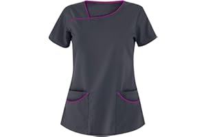 UNHU Damen Pflege Berufskleidung Uniformen Einfarbig V-Ausschnitt Kurzarm Schlupfkasack Frauen Übergröße Kasack Pflege Pflegebekleidung mit Taschen