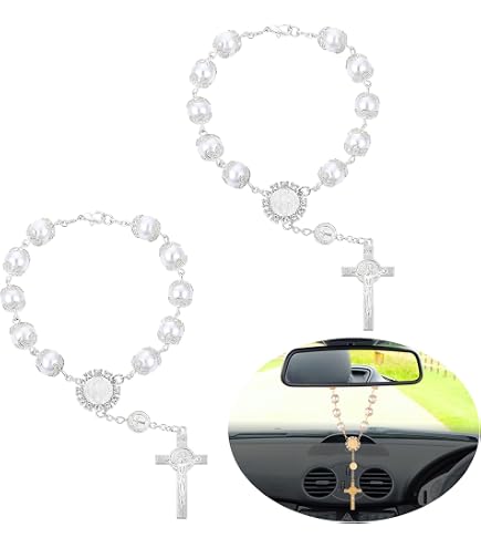 Chapelet Pour Rétroviseur De Voiture Avec Saint Christophe Et Croix - Fermoir Clip - Cadeau Conducteur, Protection Voyage