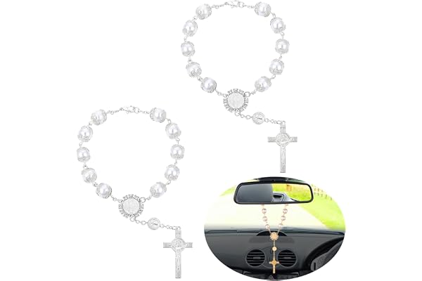 TIESOME Chapelet de Voiture (2 pièces), Chapelet de rétroviseur, Croix de bénédiction catholique pour Voiture, médaille pour Camion, Moto, rétroviseur de Voiture, Accessoires de décoration (Blanc)