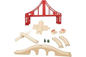 OrgMemory Eisenbahn Set, Hängebrücke, Holzeisenbahn Eisenbahnbrücke, Kreuzung, Stopp Track und Gebogene Gleise Kompatibel mit Anderer Marken