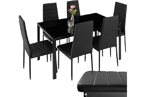 tectake® matgrupp, 7-delad, matbord med 6 stolar, klädd med konstläder | ram av stål, golvskyddande plastkåpor, bord 130 x 70 x 75 cm, glasskiva 6 mm, belastning 120 kg, sitthöjd 47