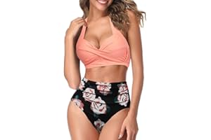AOQUSSQOA Women Two Piece Tankini Swimsuits High Waist Halter Vintage Bikini Set Ladies Swimwear