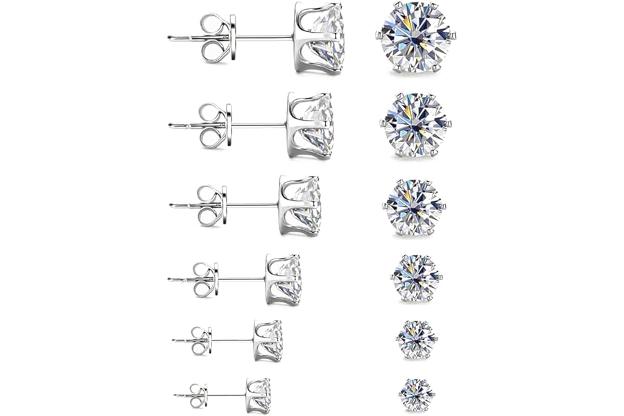 RENKE6 Pairs Stainless Steel Stud Earrings for Women Men, Hypoallergenic Silver Tone Cubic Zirconia Ear Studs Set, Round Clear CZ Piercing Jewellery Gifts (Size 3mm 4mm 5mm 6mm 7mm 8mm)