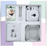 Instax mini 12 White Camera 10-Piece Film Glitter Plexiglass Case PVC Album and Clamp Picture Stand Bundle Box