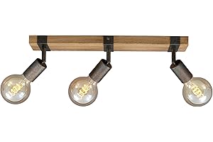 Briloner - Suspension luminaire, plafonnier rétro vintage, spots orientables et pivotants, 3x E27, métal-bois, couleur : noir et marron, 48x10x9cm (Lxlxh)