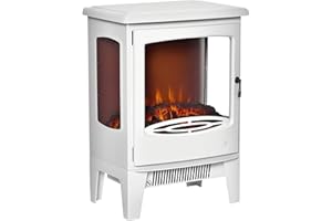 HOMCOM Chimenea Eléctrica 900W/1800W Chimenea Decorativa de Pie con Ventanas Efecto de Llama Temperatura Ajustable y Protección Sobrecalentamiento para 20-25 ㎡ Blanco