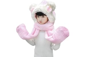JIAHG Kid Cartoon Gloves Scarf Girls 3 In 1 Set Winter Hood Animal Hat Warm Plush Cap Children Thermal Earflap Headwear Novelty Cute Long Scarves Toddler Pocket Mitten Outdoor Plush Neck Wrap 3PCS Gift Kit