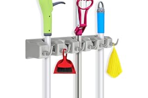 ibell Colgador Escobas y Fregonas, Soporte Escobas Pared con 5 Posiciones y 6 Ganchos, Cuelga Escobas Gancho Pared y Organizador de Utensilios para Inicio y Jardín