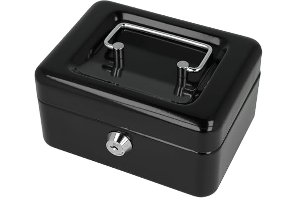 Westcott Caisse à monnaie verrouillable (compacte, 15 cm) Noir | Boîte verrouillable en tôle d'acier avec 2 clés | Plateau amovible pour pièces de monnaie avec 6 compartiments | E-51000 BLACK
