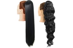 YMHPRIDE 2 Pieces 24 inches Long Black Straight and Wavy Ponytail Hair Extension Drawstring Ponytail Extensions Synthetic Ponytail Hair Extensions Hairpiece for Women