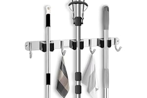 MAOXINTEK Mop Broom Holder Heavy Duty Stainless Steel Wall Mounted Tool Organizer with 3 Position 4 Hooks for Home Bathroom Kitchen Garden