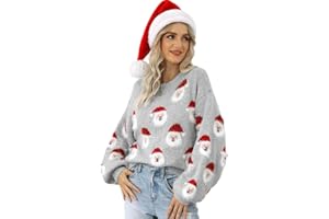 AGYMNX Weihnachtspullover Damen Strick Lustig Große Größen Weihnachtspulli Baumwolle Pullover Langärmeliger Rundhalspullover Weihnachtsbaum Druck Muster Xmas Strickpullover