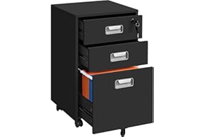 Yaheetech Cassettiera da Scrivania con 3 Cassetti Salvaspazio Archivio Schedario Portadocumenti Mobiletto da Ufficio Rimovibile con Ruote per Ufficio Studio (Nero)