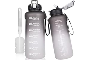 DEARRAY 2l / 2 litres Tritan Sport Gourde avec Paille et Marqueur de Temps de Motivation 2000 ml grand Bouteille eau pour Basketball, Fitness, Gym, Randonnée,Voyage (Noir/Blanc)