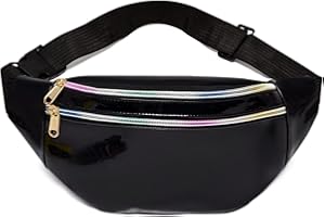 STILLWEN Sac Banane Femme, 1 Pcs Multi-Poches Sacoche de Ceinture, Bretelles Réglables Sac Banane, Couleur Métallique Imperméable, PU Sac Convient à Femme et Homme Party Festival Outdoor (Noir)