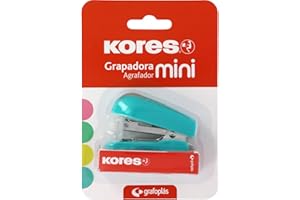 Kores - Mini Grapadora Turquesa + 1000 Grapas 24/6, Compatible con 26/6, Capacidad 12 Hojas Papel 80g, 6x4,5x3cm, Distancia Grapado 17mm, Ideal como Material de Oficina, Perfecto para Estuche Escolar