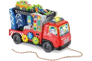 VTech - Super Camion Dépannage Interactif - Jouet à Tirer 3 en 1 - Camion Transporteur de Voitures, Dépanneuse Jouet Enfant, Rampe Voiture de Course - Cadeau Enfant Dès 1 an - Contenu en Français