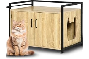 BAKAJI Meuble à litière pour chats relevé avec entrée latérale en forme de chat, armoire multifonction pour animaux domestiques avec 2 portes fermeture magnétique, lit avec structure en fer, 75 x 55 x