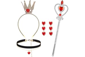 Kavoc 4 Pcs Queen Costume Accessories Valentine's Day Heart Party Accessories Gold Crown Headband Heart Rhinestone Scepter Wand Red Heart Dangle Earrings Heart Necklace
