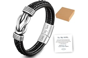 KINTAN Mother and Son Forever Linked Together Braided Leather Bracelet, Men Stainless Steel Inspirational Bangle Wristband, Son Bracelet from Mom, Graduation Birthday Gift for Son