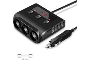Kingwei Adaptador de Encendedor de Cigarrillos Carga Rápida, 12V/24V, 100W, Cargador de Coche con 3 enchufes, 4 Puertos de Carga USB y Voltímetro LED, para GPS, Smartphone, iPad, Dash CAM, etc