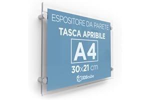 3DSCUBE Espositore in plexiglass per avvisi, da parete, targa a tasca apribile in plexiglass, porta annunci e depliant formato A4orizzontale 30x21 cm, completa di distanziali in alluminio (1 pezzo)