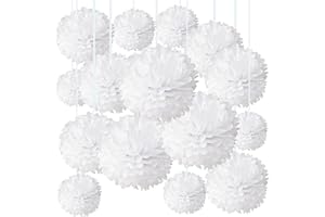 JIASHA Papier de Soie Pompons,15 pièces 8",10",12" Boule de Fleur en Papier Papier Fleur Pompon Boule Papier de Soie Decorations, Pour suspendu Decoration Mariage Anniversaire Chambre (blanc)