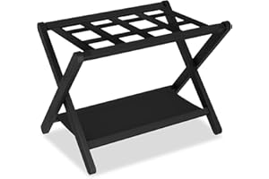 Heybly Luggage Rack, Folding Suitcase Stand with Storage Shelf, Heavy-Duty Luggage Holder for Guest Room Bedroom Hotel, Holds up to 141 lb, Black, HLR010B1