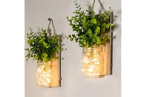 DYBOHF Tarro de masón lámpara de pared, Aplique de madera rústico, LED Lámpara de Decoración, diseño de luces,Planta verde falsa, tira LED para decoración del hogar (2 Paquete) (Plantas verdes)