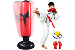 MEYDLL Sac de Frappe Enfant, 160cm Sac de Boxe Enfant, Gonflable Punching Ball avec Pompe à Air et Gants de Boxe pour Karaté Kickboxing, éQuipement D'EntraîNement, Cadeau pour GarçOns Filles