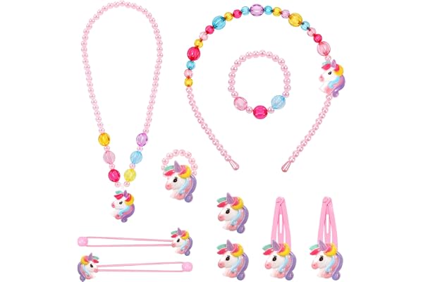 Hifot Licorne Bijoux Enfants Fille, Unicorn Collier Bracelet Bague Boucles d'oreilles Clip Pinces à Cheveux Set, Princesse Bijoux Cadeaux de fête Cadeau pour Jeu d'habillage