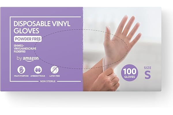 by Amazon - Guantes desechables de vinilo, Talla S, Paquete de 100, Transparente